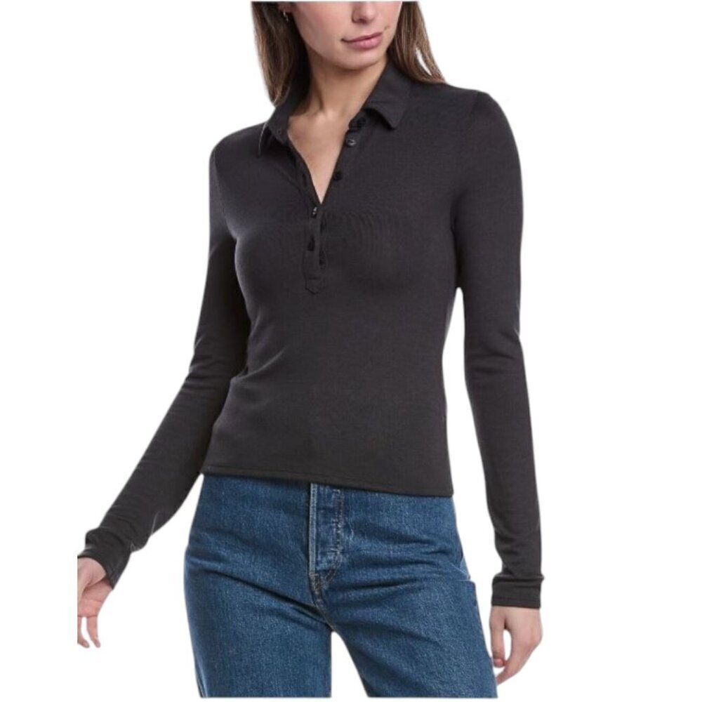 rag & bone Lea Polo Shirt Long Sleeves 5 Buttons Black Size Large MSRP $158 NWT